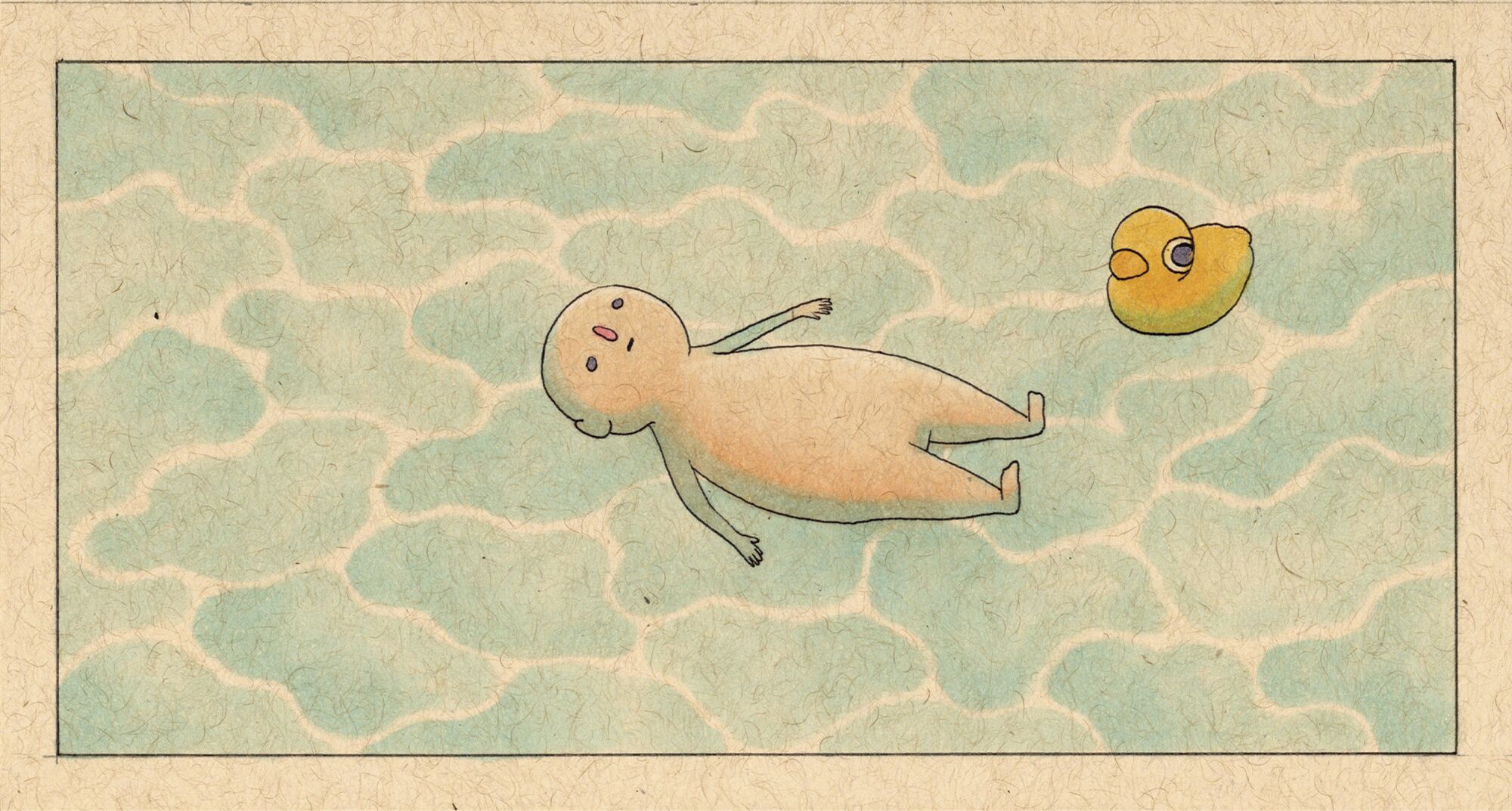 Illustration of a child lying on a blue-patterned surface next to a rubber duck