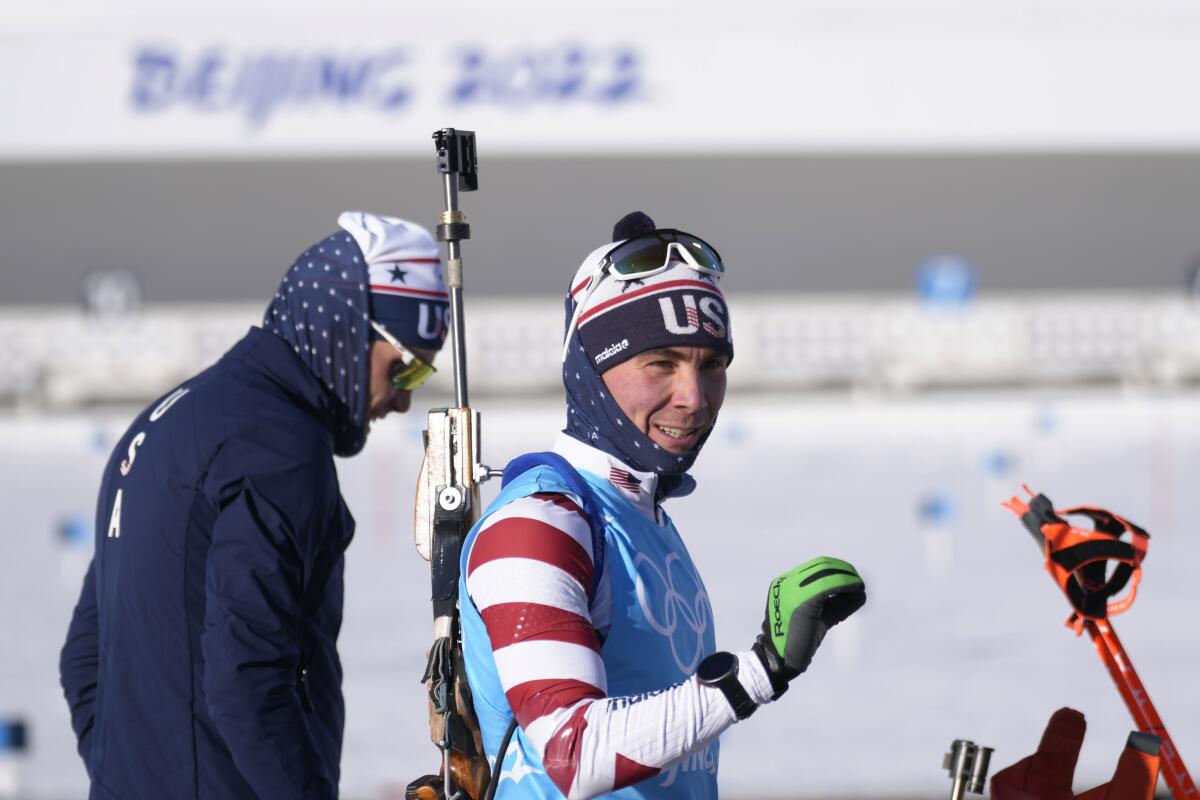 Members of the United States team are seen during practice at the 2022 Winter Olympics, Sunday, Feb. 6, 2022, in Zhangjiakou, China. (AP Photo/Kirsty Wigglesworth)