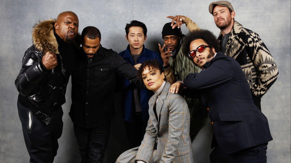 Terry Crews, Omari Hardwick, Tessa Thompson, Steven Yeun, director Boots Riley, LaKeith Stanfield and Armie Hammer from the film, "Sorry to Bother You."
