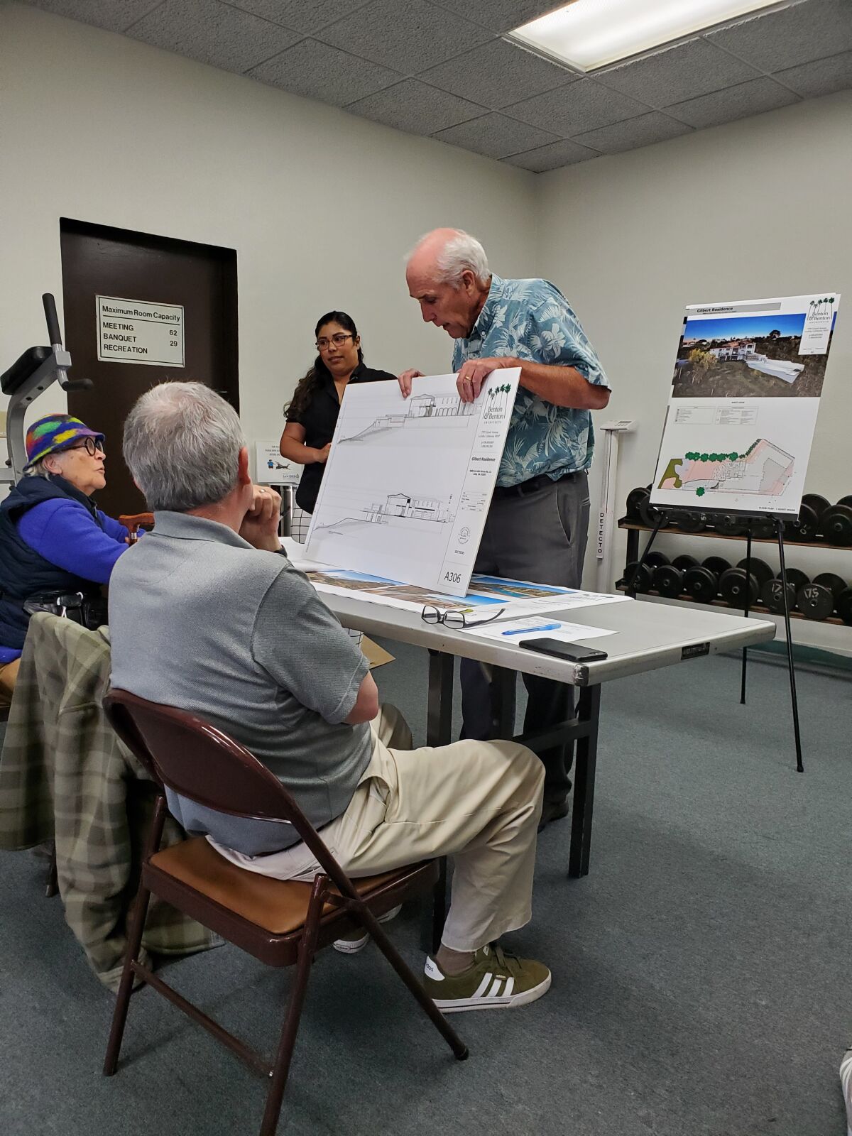 Architect Paul Benton presents renderings for a backyard project proposed for 9860 La Jolla Farms Road.