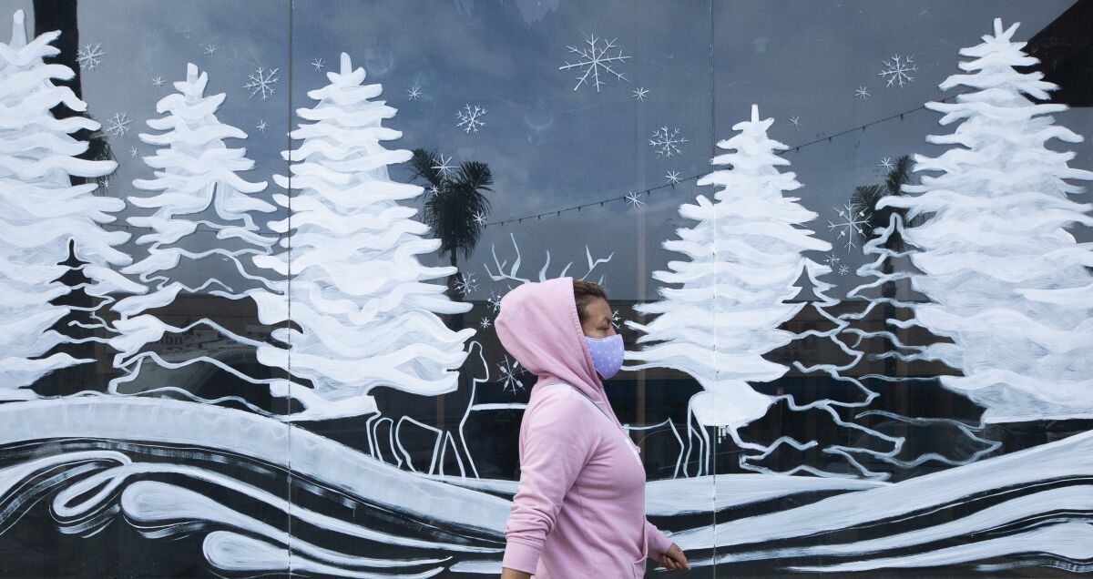 A painted storefront on San Fernando Road at the San Fernando Mall shows off a winter landscape