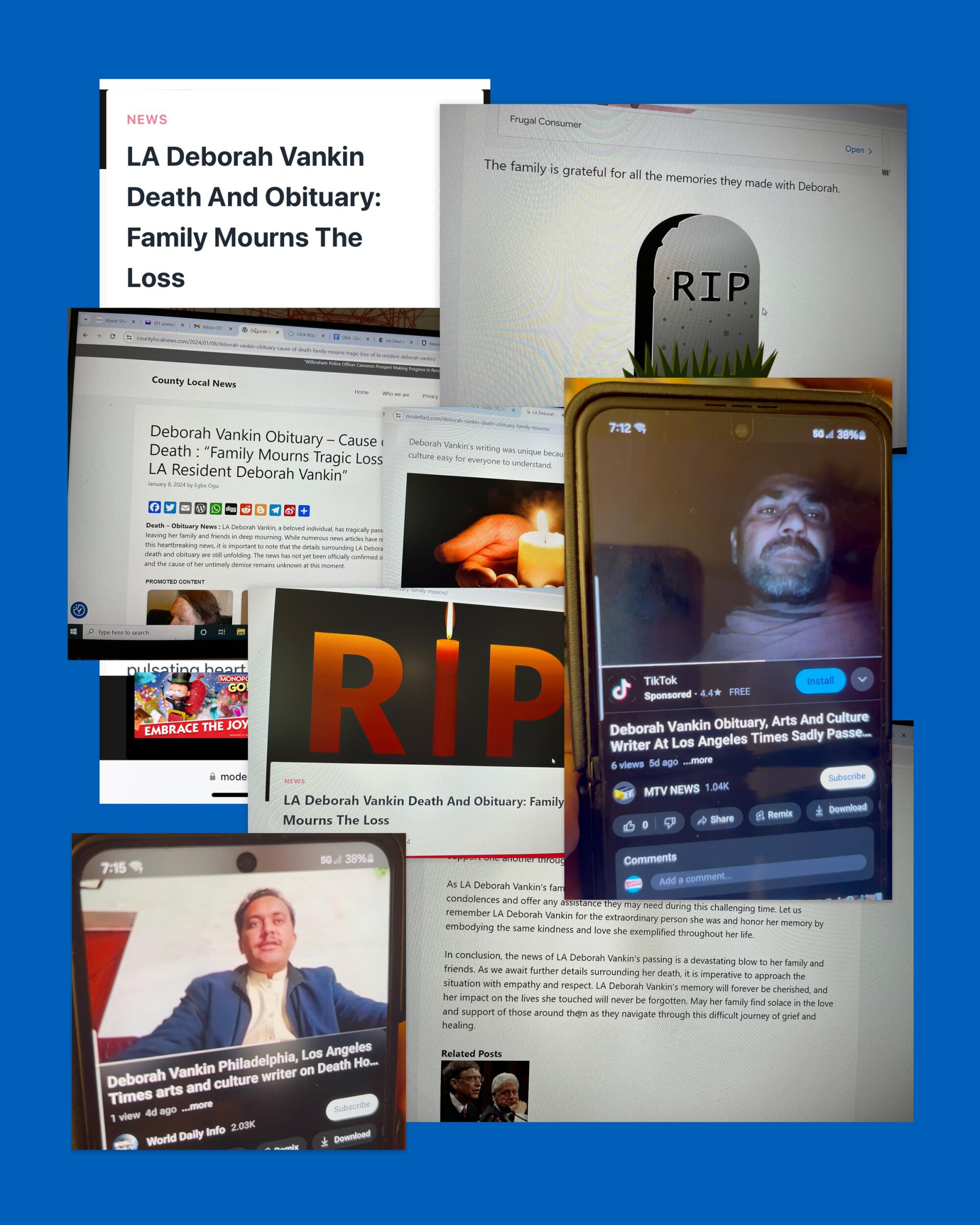 Photo collage of screenshots of Deborah Vankin's hoax obituaries