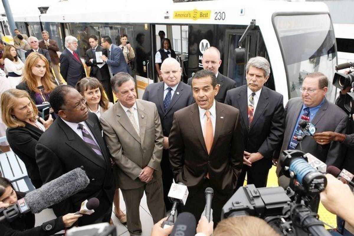 Mayor Antonio Villaraigosa speaks during a news conference at the Culver City Expo Line station last week.