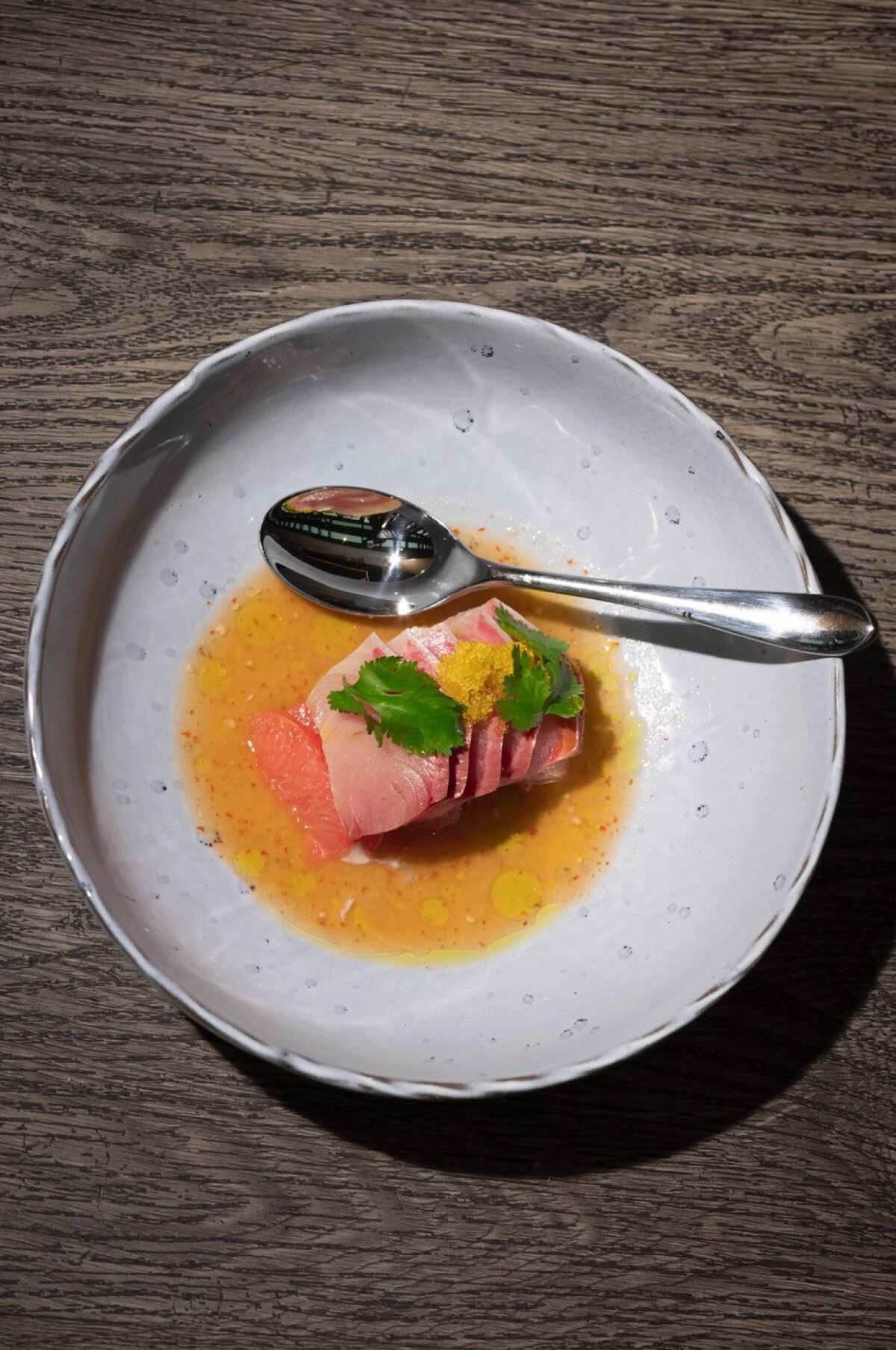 Kampachi Crudo, a new dish at Vistal Restaurant in San Diego, to raise money and awareness for the Stop AAPI Hate campaign.