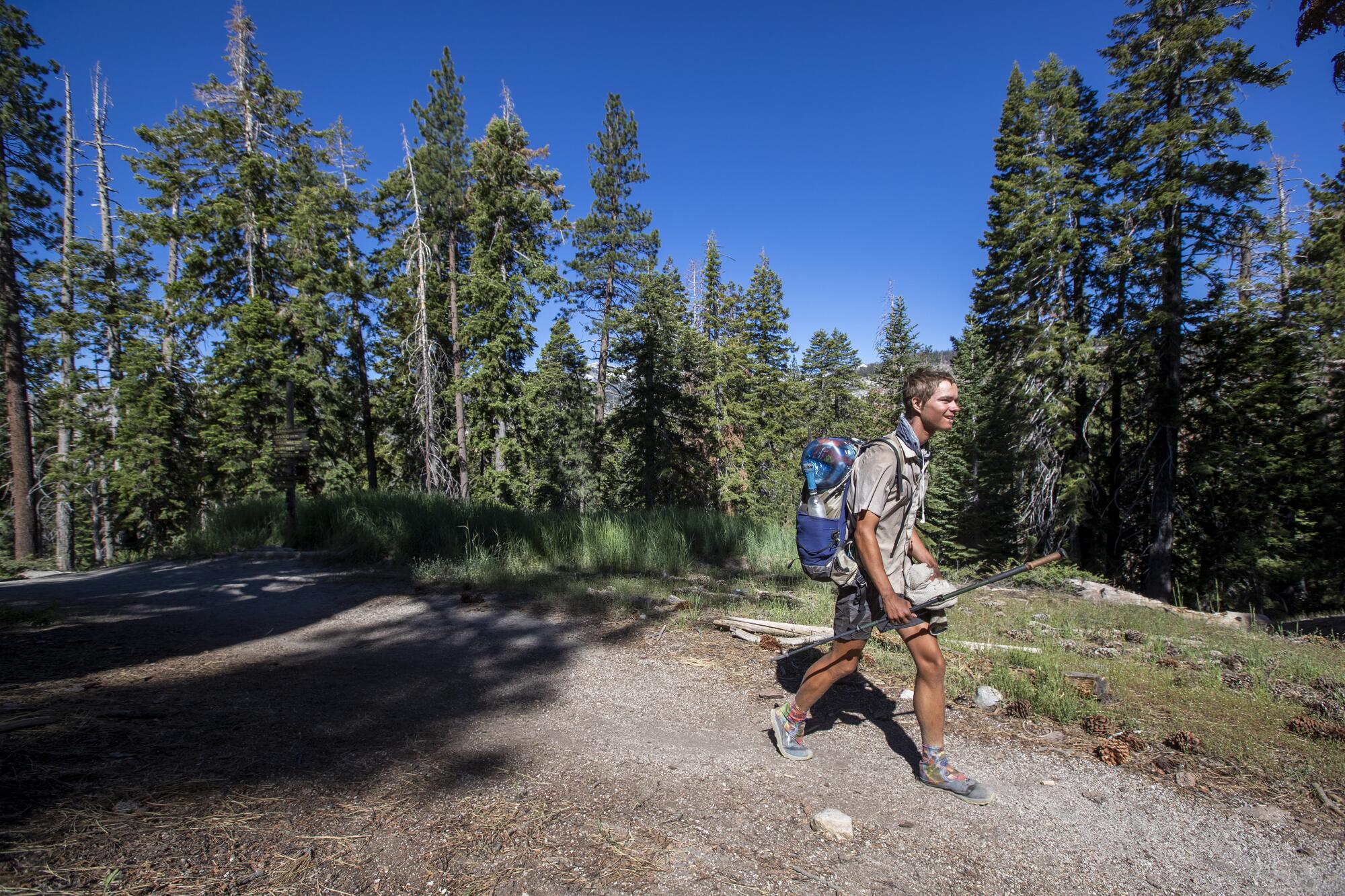 A backpack-toting hiker on a trail. 