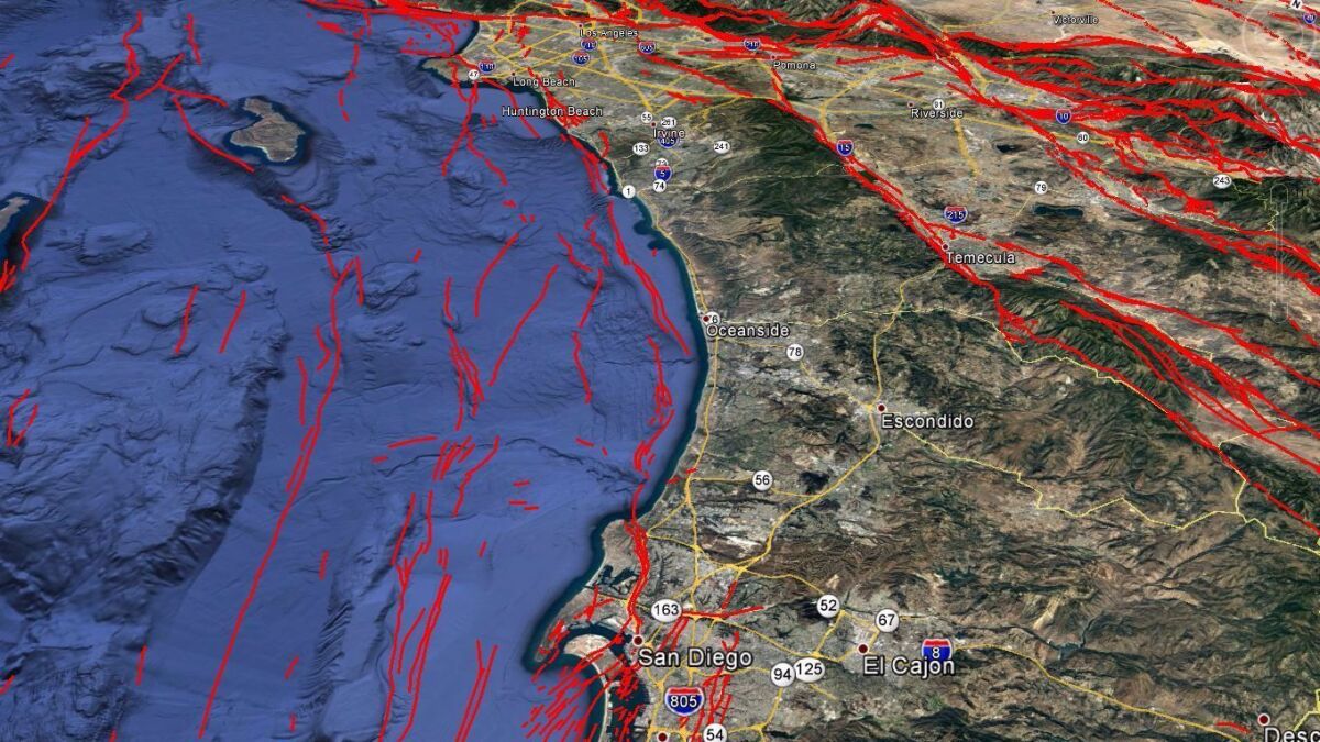 This map of earthquake faults shows the general route of the Newport-Inglewood/Rose Canyon fault system, which extends from San Diego along the coast to Huntington Beach, Long Beach and into the Westside of Los Angeles. (California Geological Survey / Google Maps)