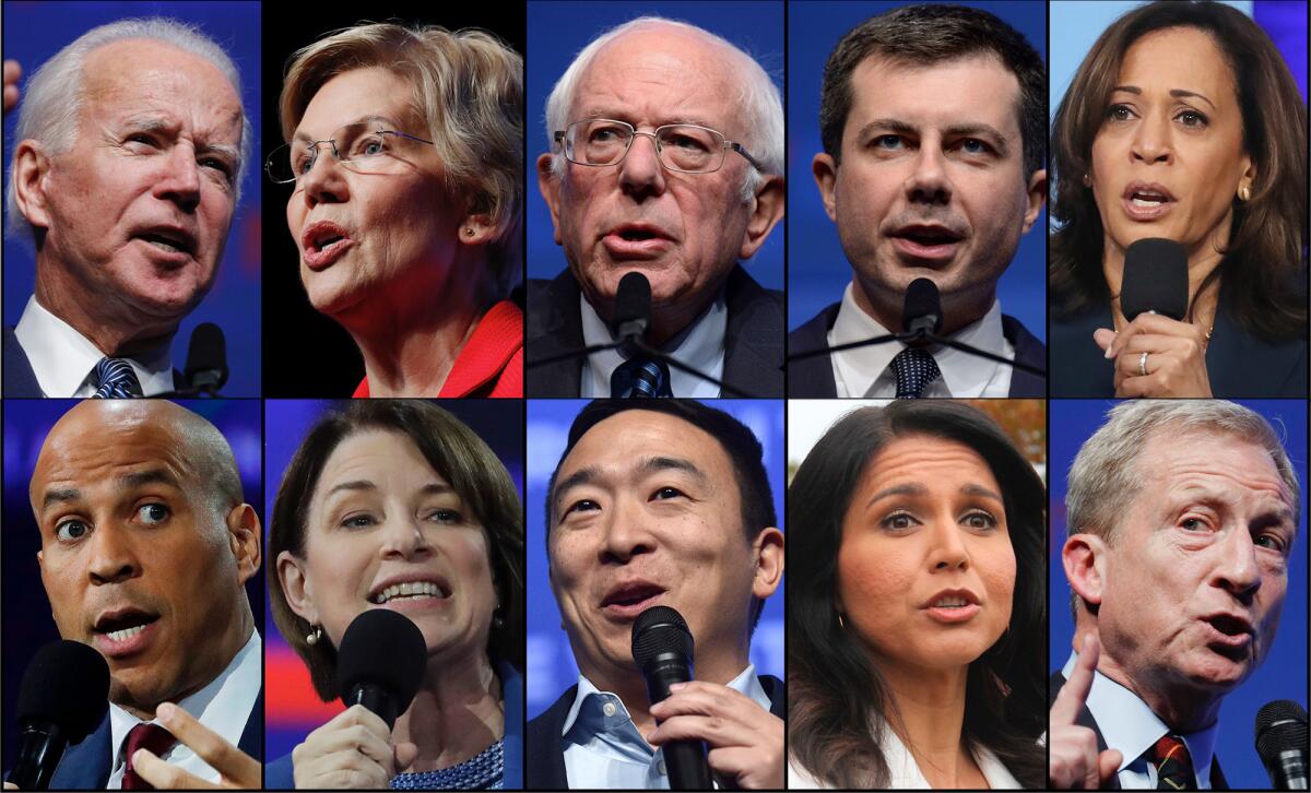 The 10 Democratic candidates in Wednesday's debate, clockwise from top left: Joe Biden, Elizabeth Warren, Bernie Sanders, Pete Buttigieg, Kamala Harris, Tom Steyer, Tulsi Gabbard, Andrew Yang, Amy Klobuchar and Cory Booker.