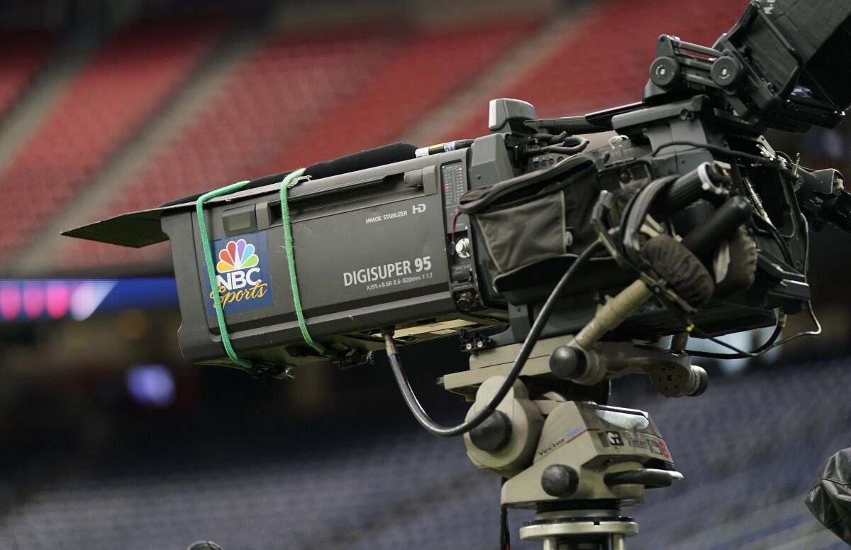 An NBC camera on the sidelines before a game between the Houston Texans and Dallas Cowboys in 2018.
