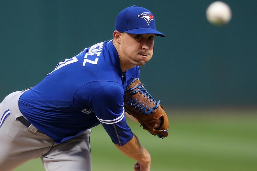 Blue Jays starting pitcher Aaron Sanchez throws during the first inning against the Cleveland Indians on Aug. 20.