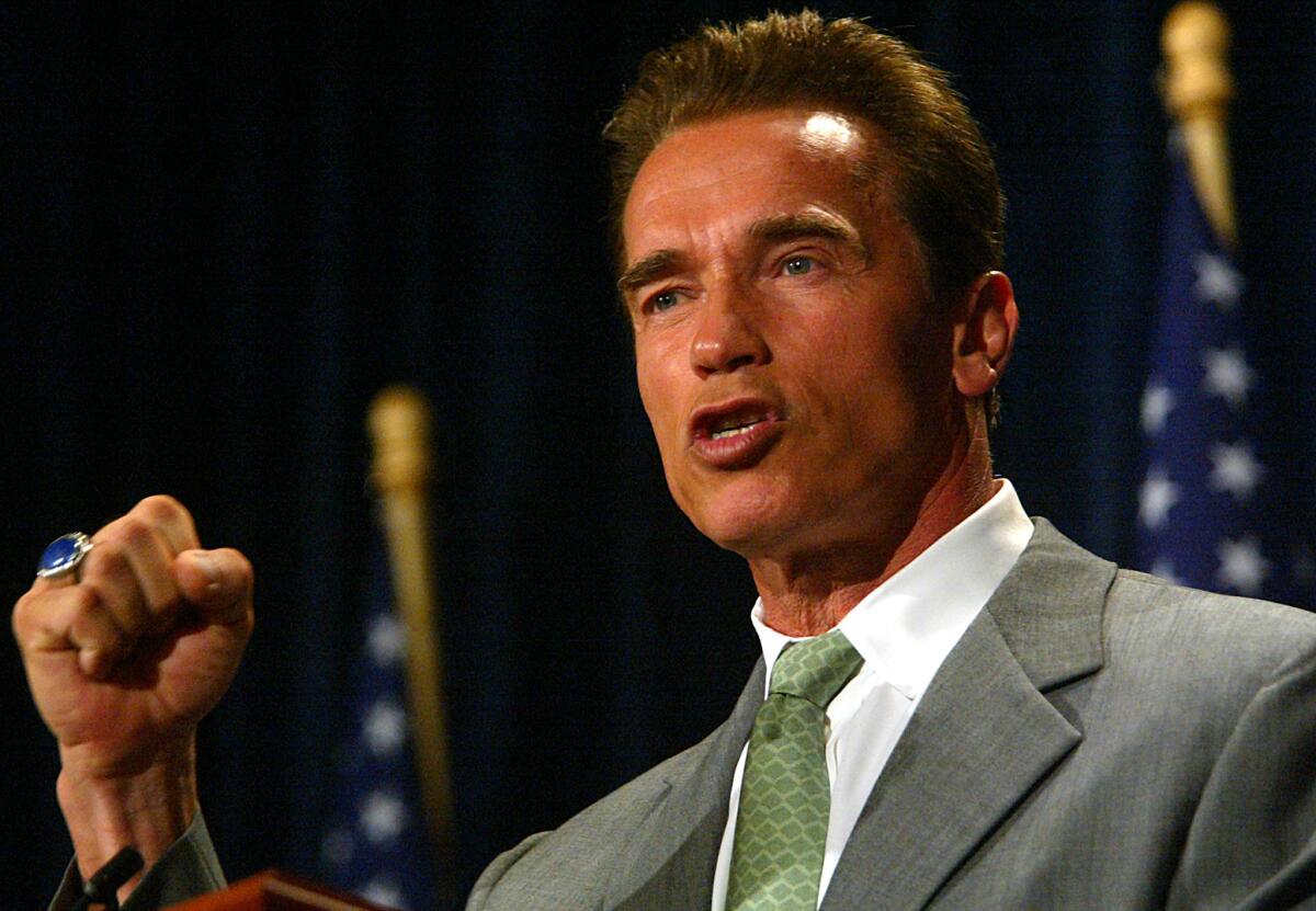 Arnold Schwarzenegger holds his first press conference as governor–elect of California at the Century Plaza Hotel on Oct. 8, 2003.