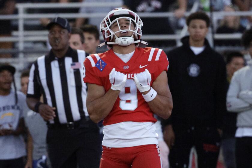 CORONA, CA - AUGUST 18: Mater Dei wide receiver Marcus Brown reacts after scoring.