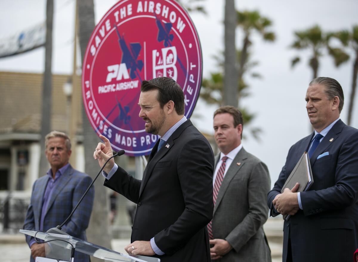 Kevin Elliott, the CEO of Code Four, speaks during a press conference about the Pacific Airshow in 2023 at Huntington Beach.