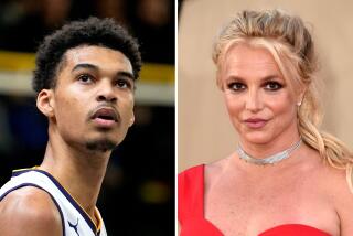A split image of Victor Wembanyama wearing a basketball jersey; and Britney Spears posing in a red dress
