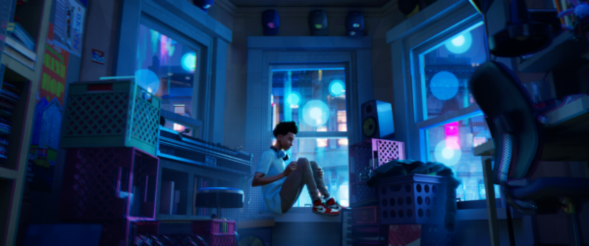 Spider-teen Miles Morales sits by the window of his room, the Brooklyn night outside.
