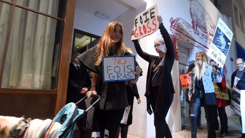 Activists protest outside a restaurant serving foie gras in Beverly Hills in 2015.