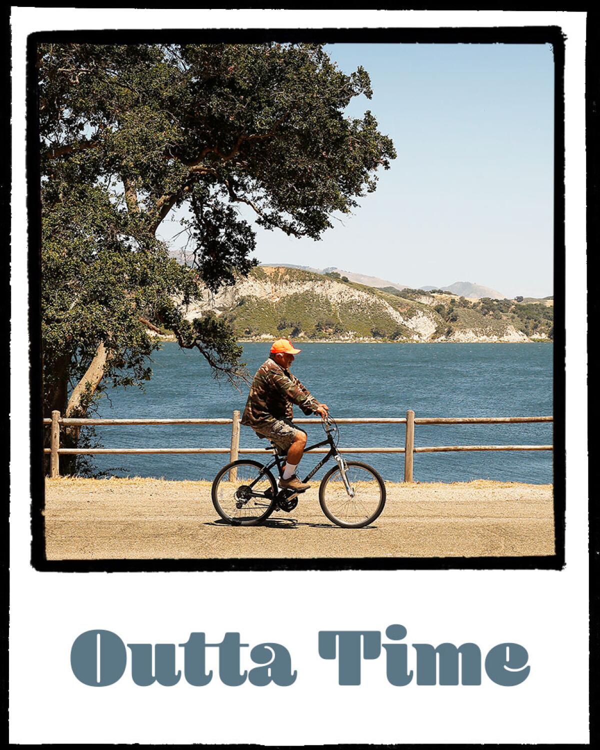 A photo made to look like a Polaroid shows a person biking past a body of water, with the words "Outta Time."