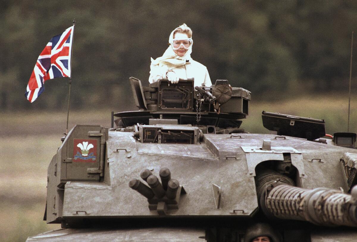 Then-Prime Minister Margaret Thatcher visits British troops stationed in West Germany in 1986. A biography of Thatcher has been shortlisted for the Orwell Prize.