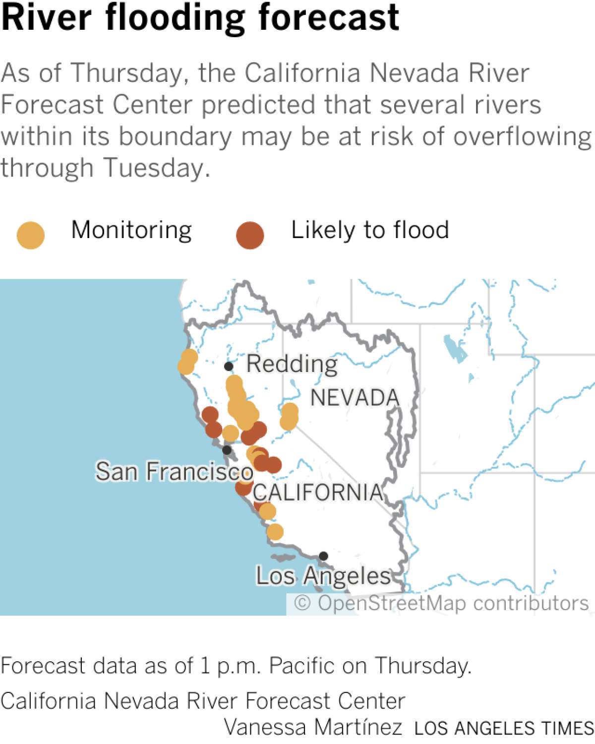 A map of river flooding forecast data from the California Nevada River Forecast Center. Through March 14, the center predicts the following rivers would be "above monitor stage": Mad River, Eel River, Napa River, Pajaro River, Salinas River, Sisquoc River, East Fork Carson River, Carson River, Sacramento River, Bear River, Yuba River and San Joaquin River. The rivers expected to be "above flood stage" are: Russian River, Salinas River, Carmel River, Bear Creek, Merced River, Tuolumne River, Cosumnes River and Mokelumne River.