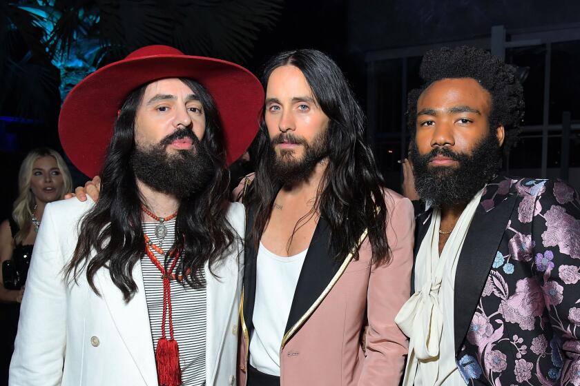 LOS ANGELES, CALIFORNIA - NOVEMBER 02: (L-R) Alessandro Michele, Jared Leto, and Donald Glover, all wearing Gucci, attend the 2019 LACMA Art + Film Gala Presented By Gucci at LACMA on November 02, 2019 in Los Angeles, California. (Photo by Charley Gallay/Getty Images for LACMA)