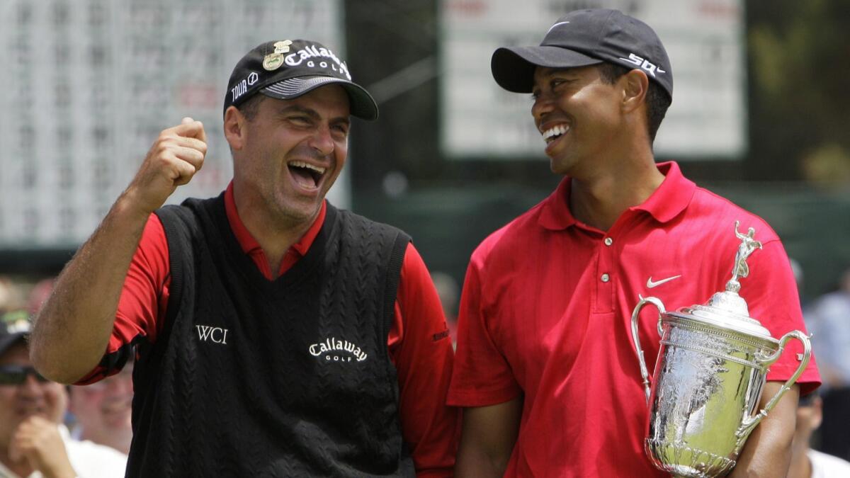 Rocco Mediate jokes with Tiger Woods after losing to him at the 2008 U.S. Open.