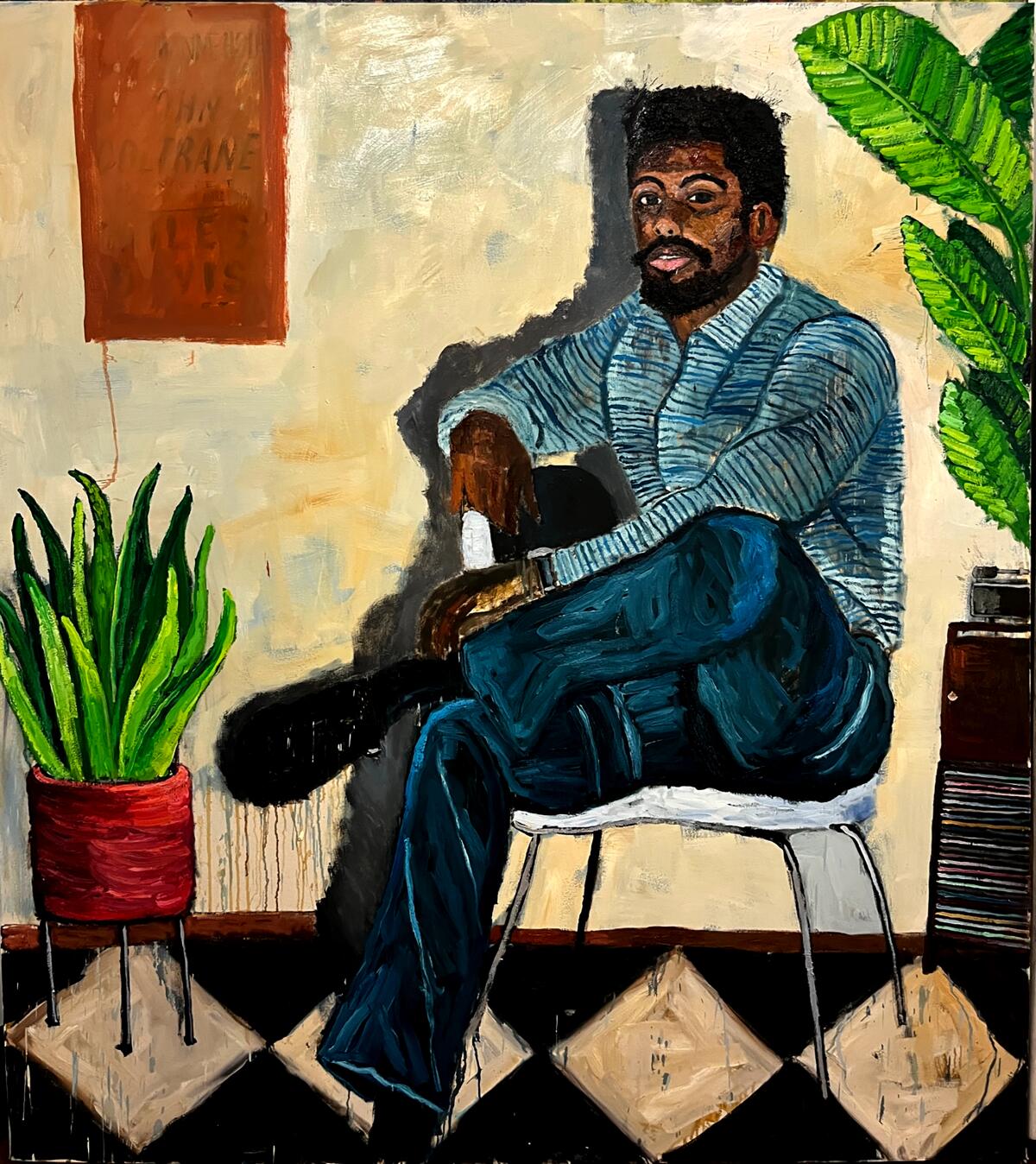 A painting of a man sitting on a chair with one leg crossed. 