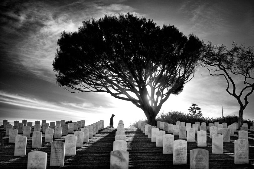 A visitor to Fort Rosecrans National Cemetery in Point Loma walks near some of the more than 100,000 graves in the cemetery on February 22.