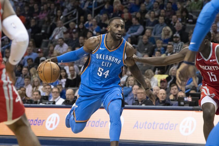OKLAHOMA CITY, OK - NOVEMBER 8: Patrick Patterson #54 of the Oklahoma City Thunder brings the ball up court during an NBA game at the Chesapeake Energy Arena on November 8, 2018 in Oklahoma City, Oklahoma. NOTE TO USER: User expressly acknowledges and agrees that, by downloading and or using this photograph, User is consenting to the terms and conditions of the Getty Images License Agreement. (Photo by J Pat Carter/Getty Images)