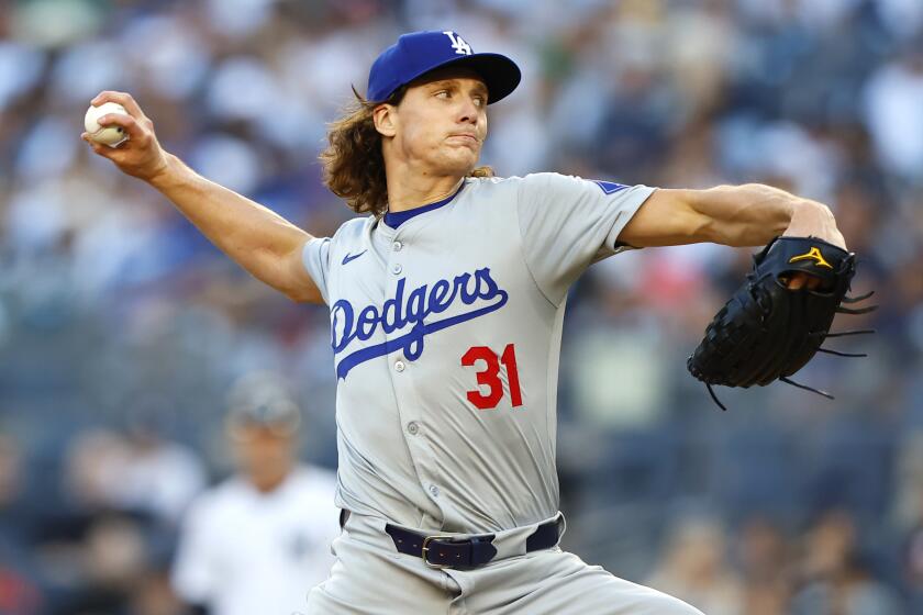 Los Angeles Dodgers' Tyler Glasnow pitches against the New York Yankees.