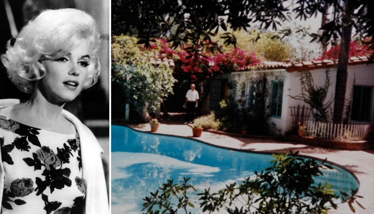 Two photos: a closeup of Marilyn Monroe in a floral dress, and a backyard pool.
