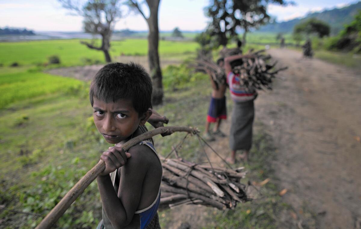 Rohingya children collect sticks to sell as firewood in Myanmar’s Rakhine state. The Muslim minority group has become a target of violent attacks by Buddhists and an ethnic cleansing campaign.