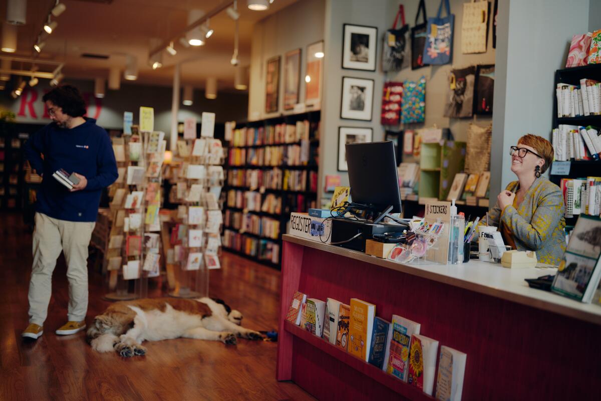 In a bookstore, a patron browses, a dog lies down and a clerk works