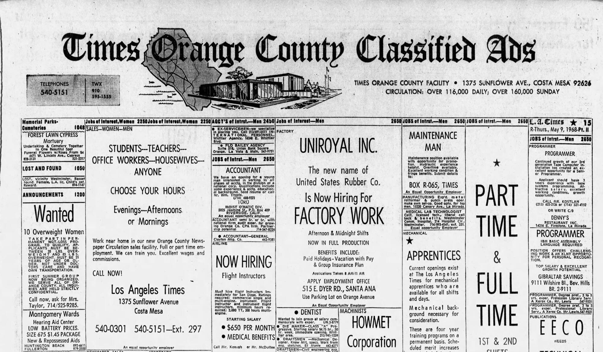 A vintage newspaper classified ads section has a masthead that reads "Times Orange County Classified Ads"