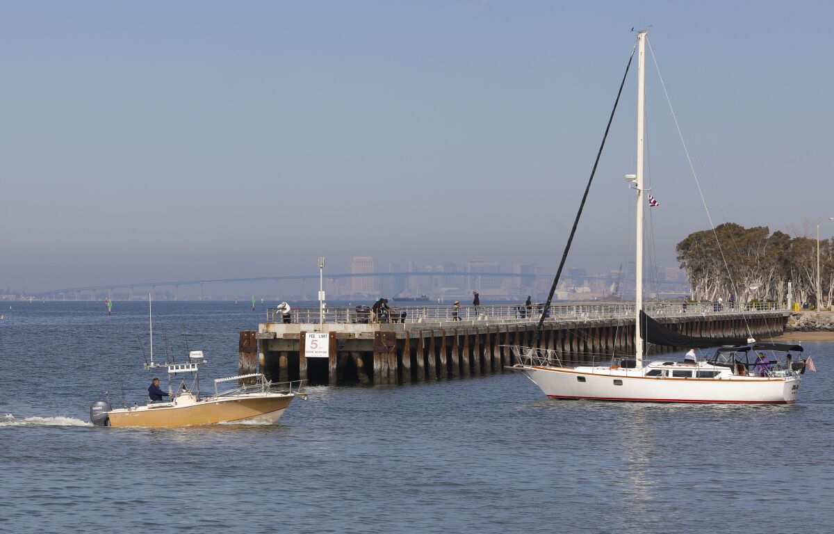 Boaters coming and going from the Chula Vista Marina as well as people fishing from the J Street Harbor Park pier. 