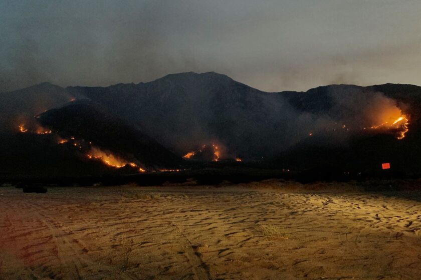 The Snow Fire burns west of Palm Springs on Sept. 17, 2020, in a photo provided by the Riverside County Fire Department.