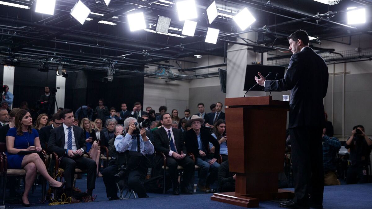 Speaker of the House Paul Ryan responds to a question from the news media during a press conference on Capitol Hill in Washington on March 24. (Shawn Thew / EPA)
