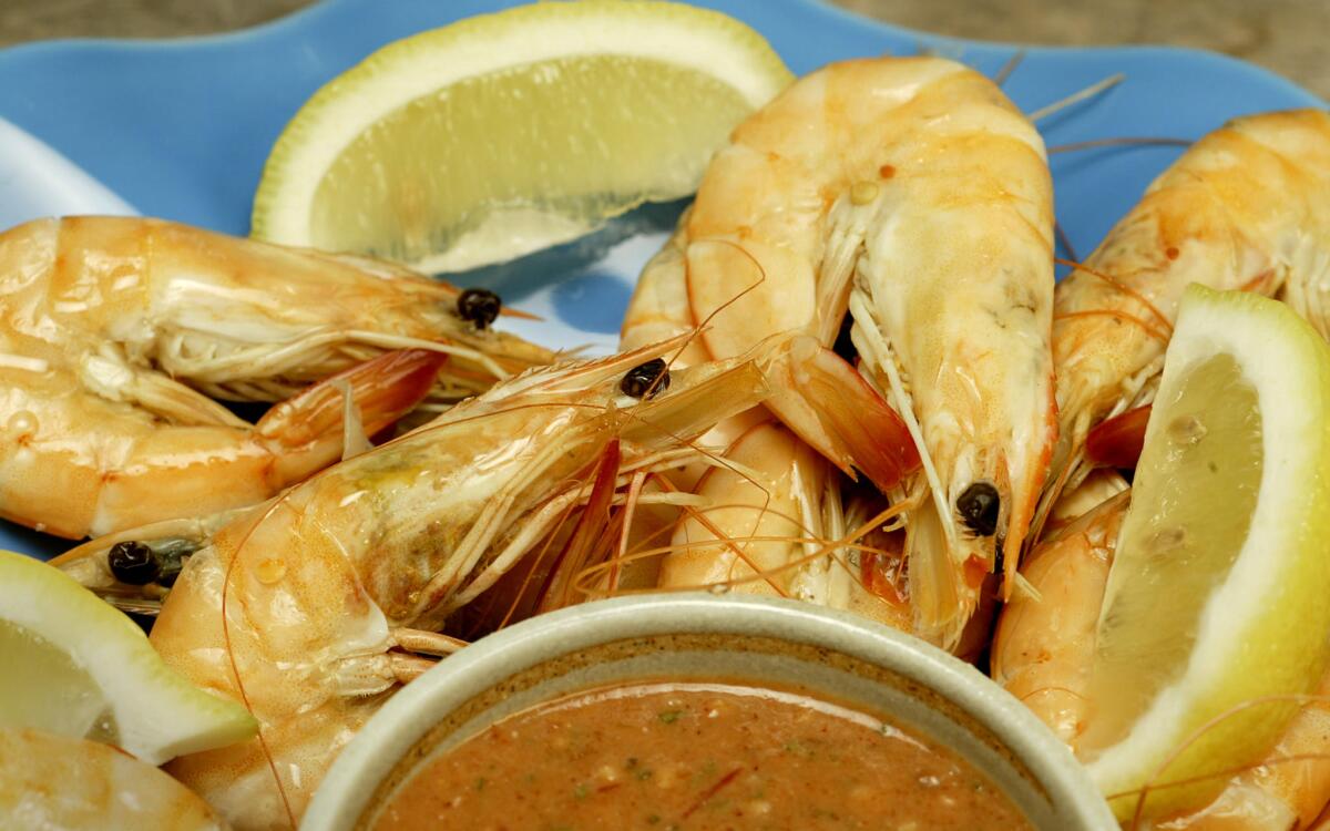 Gambas cozidas (poached shrimp with spicy tomato and garlic sauce)