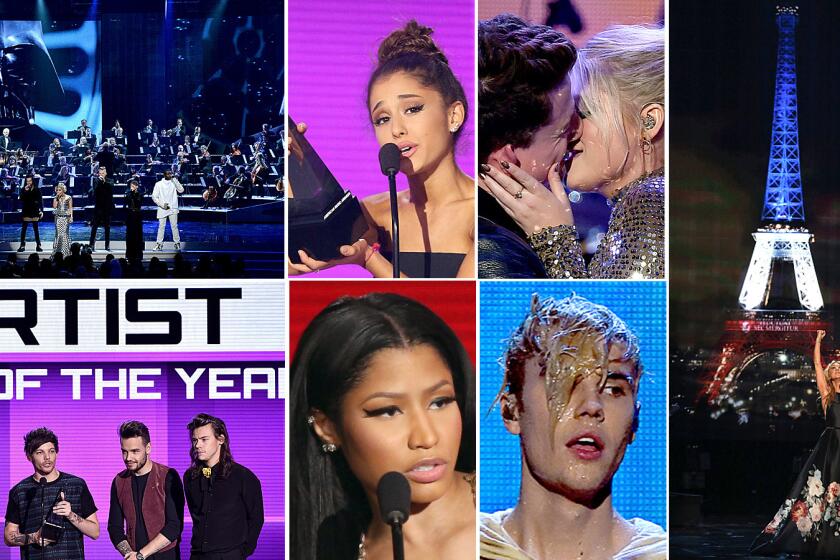 A "Star Wars" concert, Ariana Grande, a passionate kiss between Charlie Puth and Meghan Trainor, emotional tributes by Jared Leto and Celin Dion, Justin Bieber's water ballet, Nicki Minaj, and artist of the year One Direction were the talk of the American Music Awards.