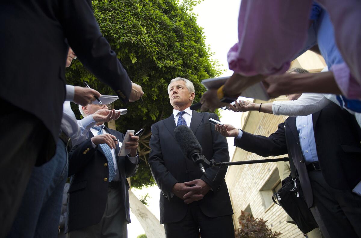 Secretary of Defense Chuck Hagel, shown speaking with reporters in Cairo on Wednesday, announced on Thursday in Abu Dhabi that U.S. intelligence has concluded Syria used chemical weapons to combat an uprising.