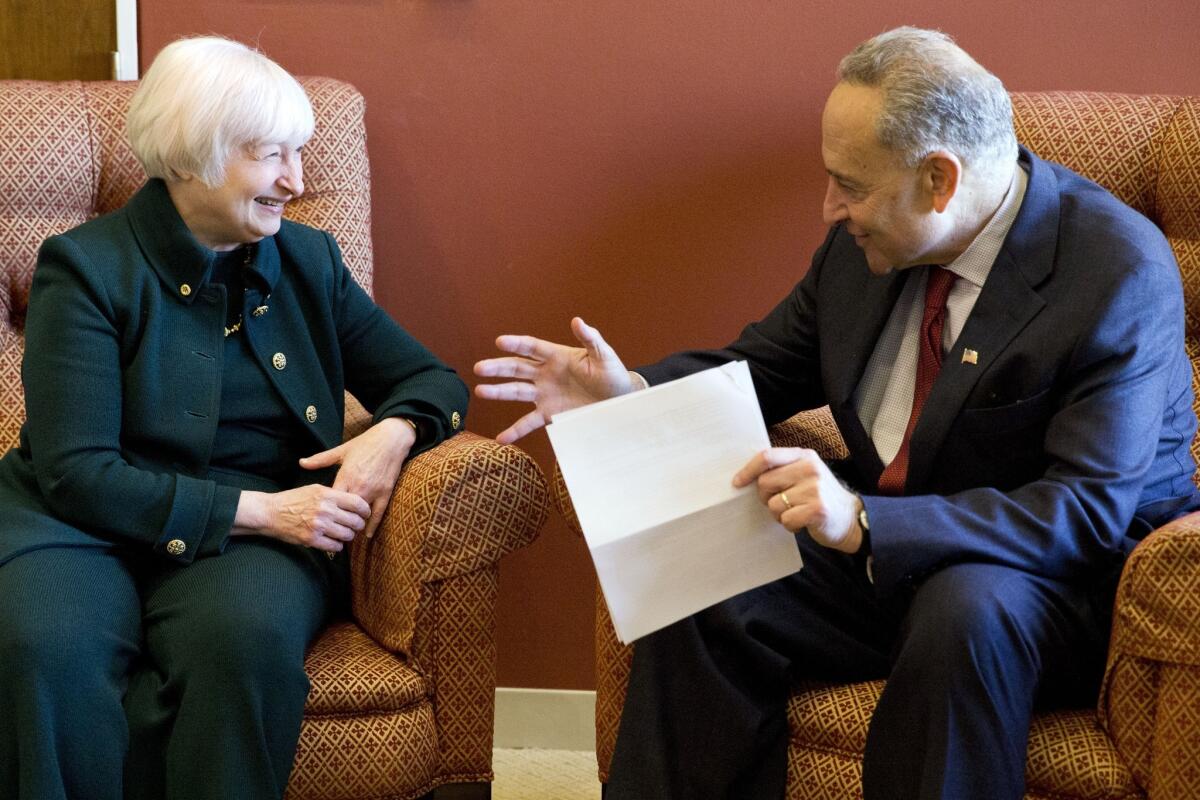 Sen. Charles Schumer (D-N.Y.), right, meets with Janet L. Yellen, President Obama's nominee to be the next chair of the Federal Reserve, on Capitol Hill ahead of her confirmation hearing.