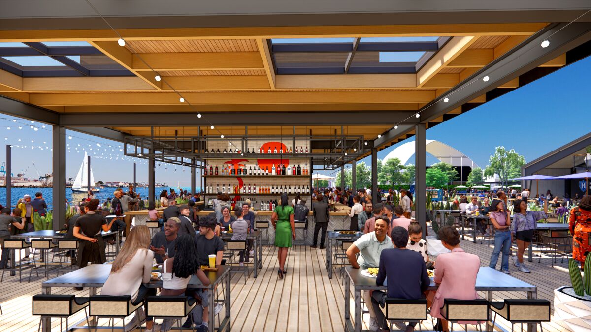 An artist's rendering of King & Queen Cantina's overwater open air bar and deck with several people in it.