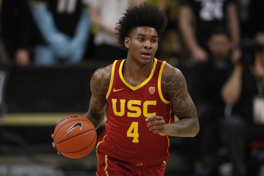 USC Trojans guard Kevin Porter Jr. (4) in the first half of an NCAA college basketball game Saturday, March 9, 2019, in Boulder, Colo. (AP Photo/David Zalubowski)