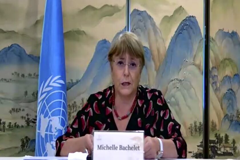 In this image made from online video, United Nations High Commissioner for Human Rights Michelle Bachelet speaks during an online press conference in Guangzhou in southern China's Guangdong Province, Saturday, May 28, 2022. Bachelet is on a six-day visit to China that includes Xinjiang, a region where the Chinese government has been accused of human rights violations. (United Nations High Commissioner for Human Rights via AP)