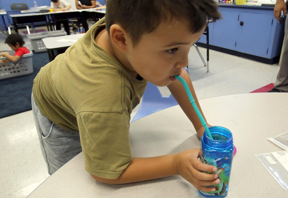 Kyle Lin, 6, drinks water using "build-a-straw" reusable silicone straw during class at Bret Harte Elementary School in Burbank on Wednesday. Bret Harte Elementary School received a donation of ScrubBEE scrubbers and "build-a-straw" reusable silicone straws for its Language Enriched Autism Program, or LEAP.