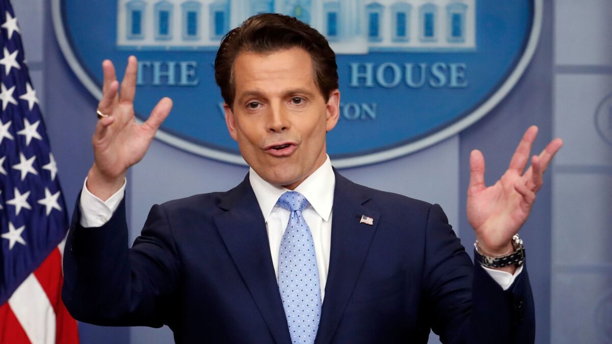 Former White House communications director Anthony Scaramucci speaks to members of the media in the Brady Press Briefing room of the White House in Washington on July 21.