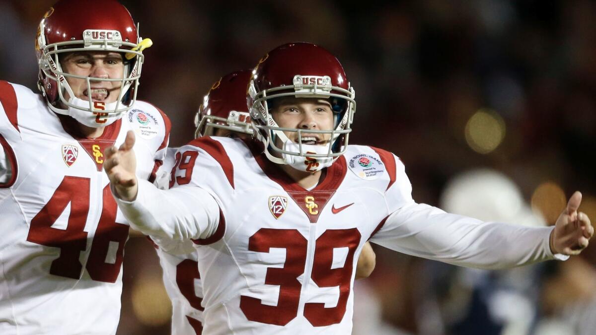 USC kicker Matt Boermeester (39) celebrates after kicking the game-winning field goal against Penn State during the 2017 Rose Bowl game.