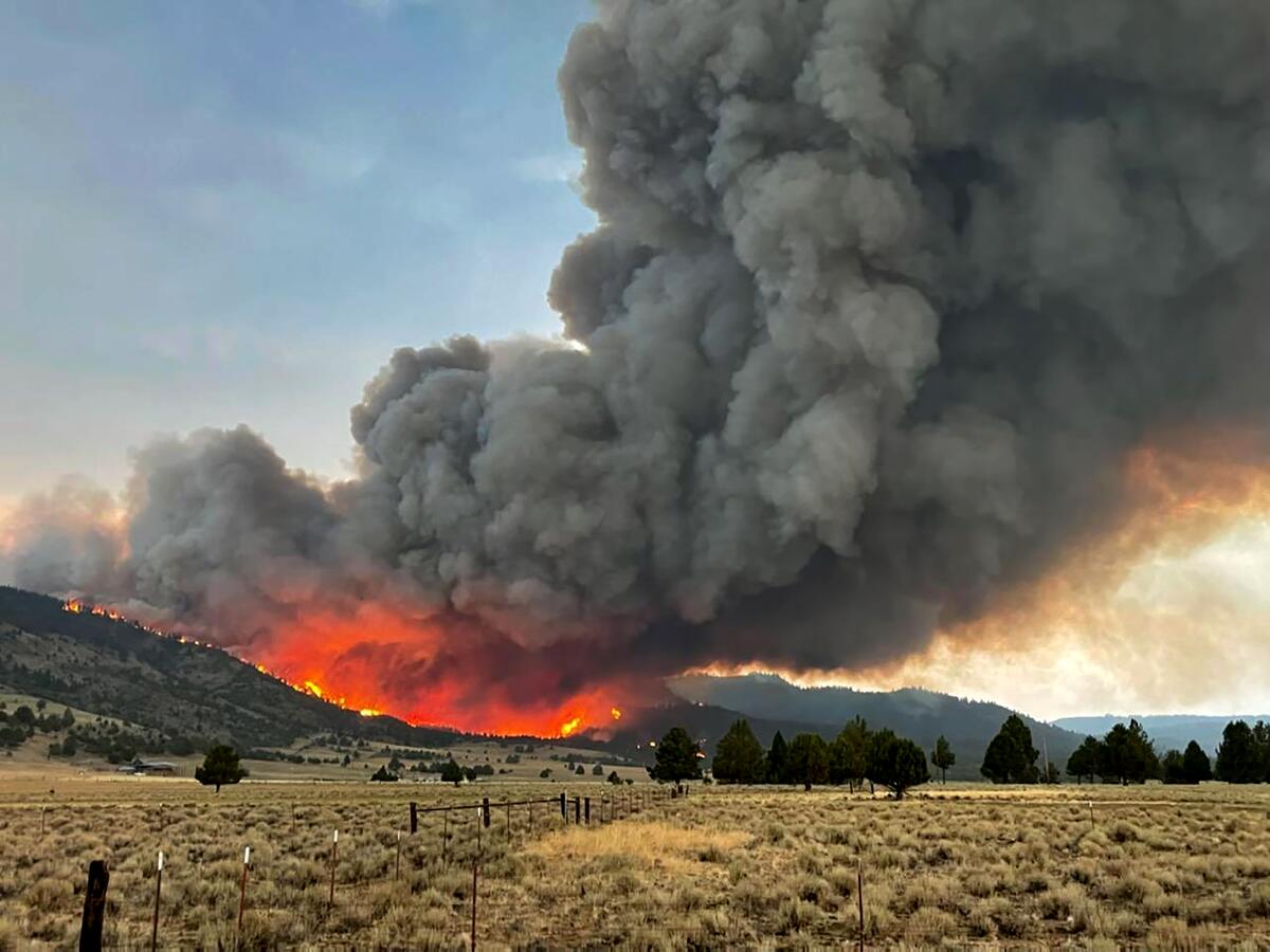 A large cloud of smoke rises from a fire behind a hill