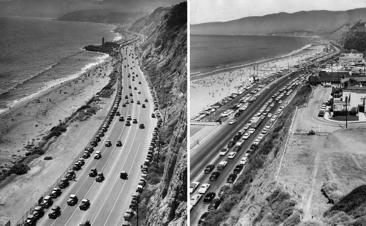 On the left is a 1940 photo of Pacific Coast Highway north of Santa Monica. On the right is a 1957 image taken farther south from a bluff in Santa Monica.