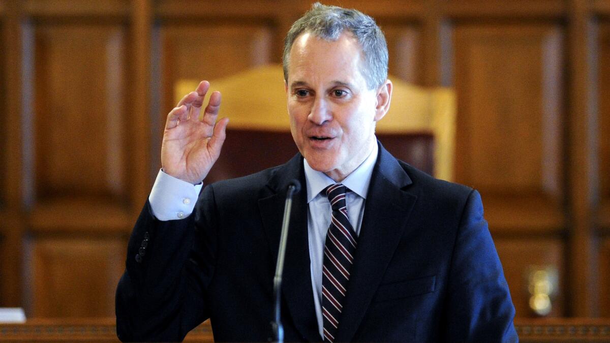 New York Atty. General Eric Schneiderman, speaking at an event last spring, discusses what he believes are the illegal gambling operations of DraftKings and FanDuel.