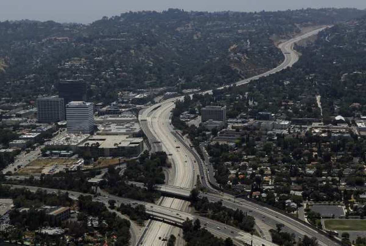 Aerial view of the 405 and 101 Freeway interchange.