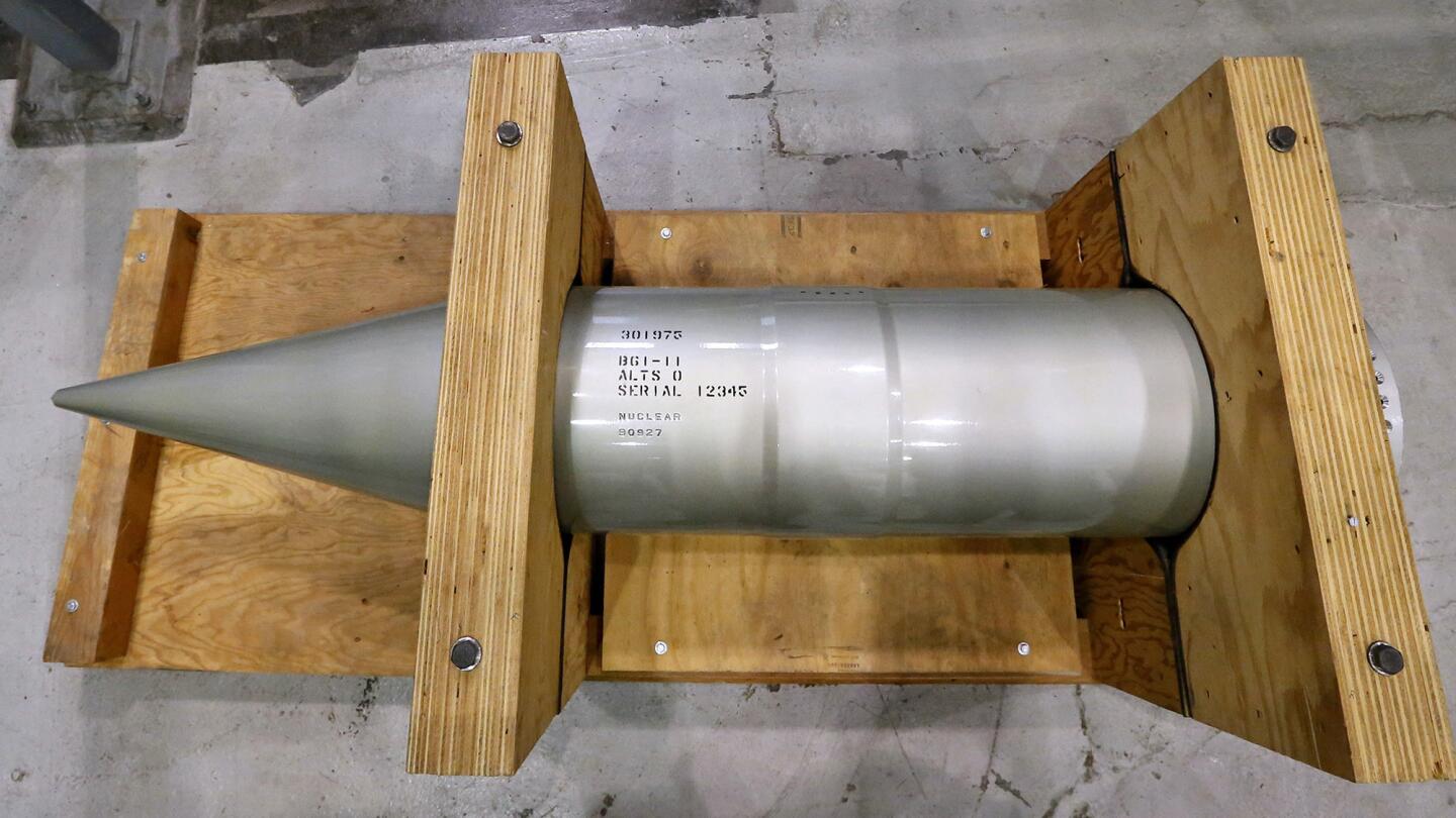 The forward section of a B61 nuclear bomb is on display at the Y-12 National Security Complex in Oak Ridge, Tenn.